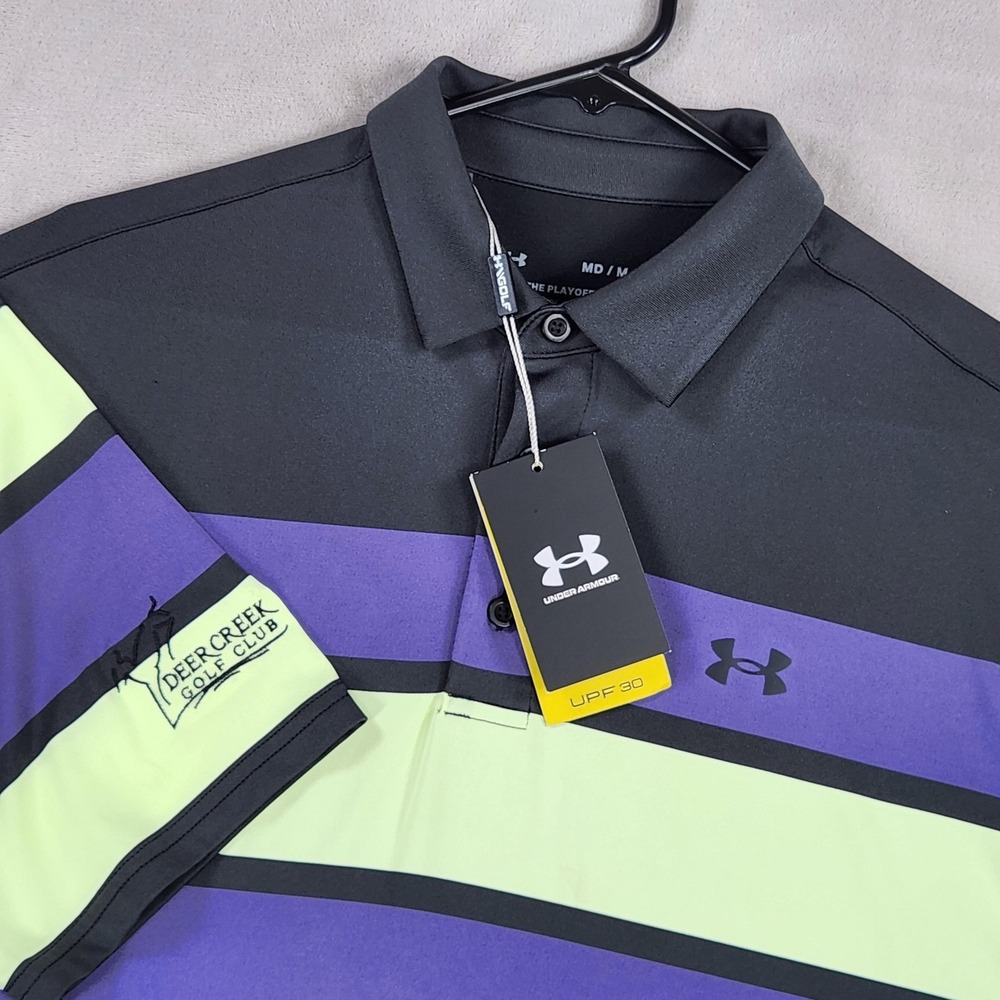Under Armour Polo Shirt Mens Medium Black Stripe Playoff Golf UPF 30 Deer Creek